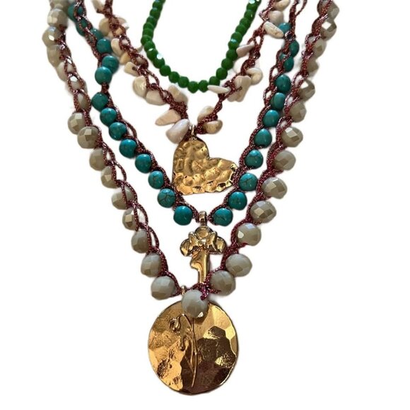 Layered Multi-Stone Necklace – Turquoise • Green • Beige with Boho Charms - Picture 1 of 1